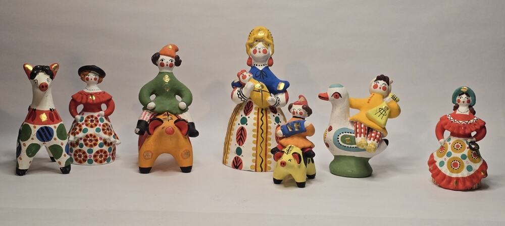Rare & Authentic Set of 7 Dymkovo Clay Figurines by Master Artist Valentina...